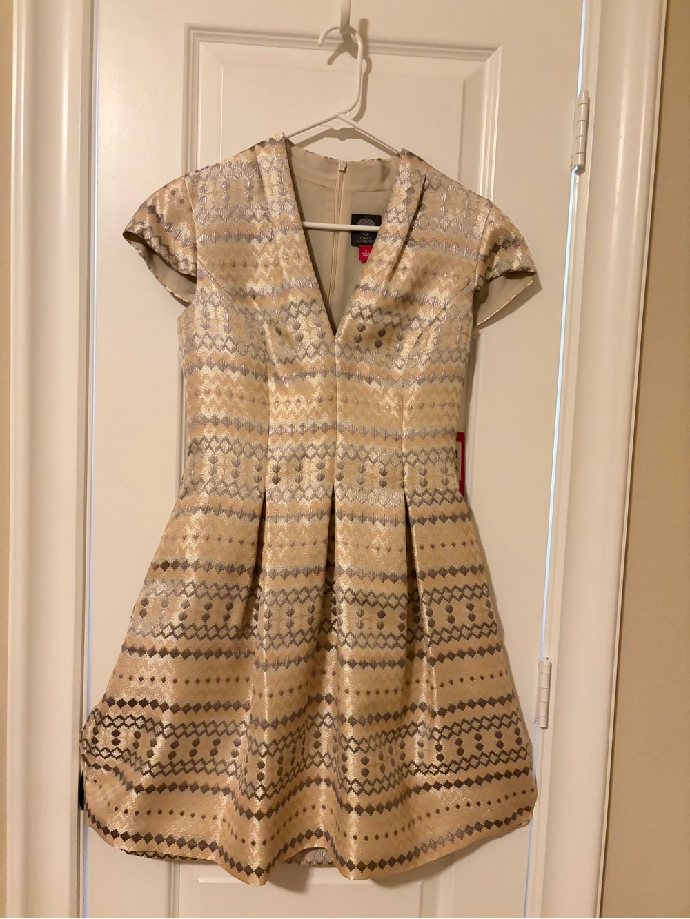 Vince Camuto Metallic Gold Brocade Cap-Sleeve Fit & Flare Dress